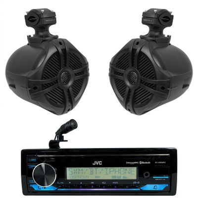 Audiosavings Bundle: JVC KD-X38MBS 1-Din Car/Marine/UTV/Motorcycle Stereo Receiver w/Bluetooth/USB Bundle with Pair Rockville RWB70B 6.5" 250w Marine Wakeboard 360 Swivel Tower Speakers (2 Items)