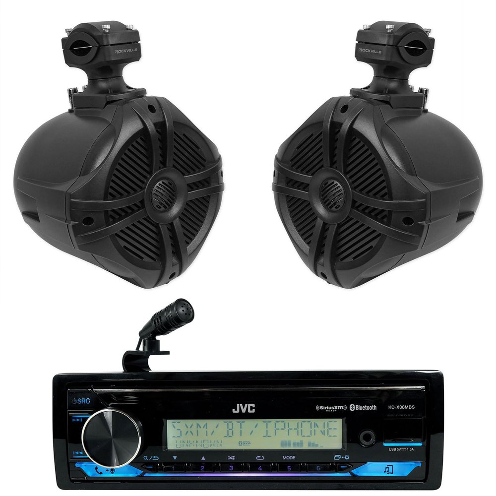 Audiosavings Bundle: JVC KD-X38MBS 1-Din Car/Marine/UTV/Motorcycle Stereo Receiver w/Bluetooth/USB Bundle with Pair Rockville RWB70B 6.5" 250w Marine Wakeboard 360 Swivel Tower Speakers (2 Items)