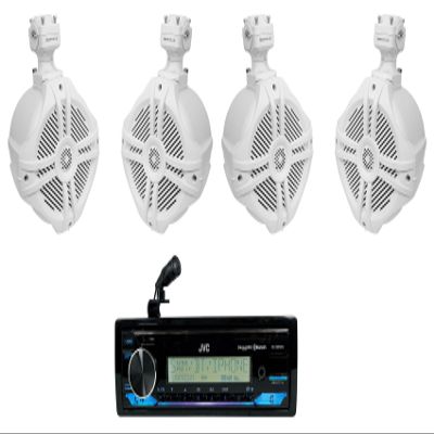 Audiosavings Bundle: JVC KD-X38MBS 1-Din Car/Marine/UTV/Motorcycle Stereo Receiver w/Bluetooth/USB Bundle with (2) Pair Rockville RWB70W 6.5" 250w Marine Wakeboard 360 Swivel Tower Speakers (3 Items)