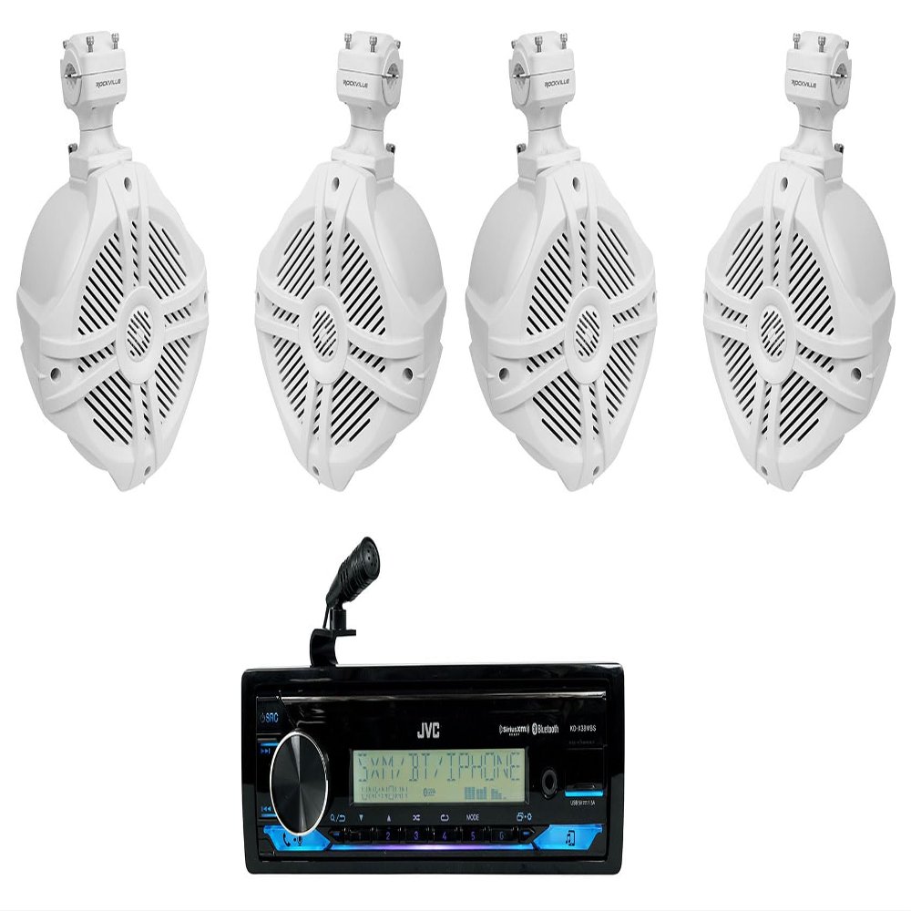Audiosavings Bundle: JVC KD-X38MBS 1-Din Car/Marine/UTV/Motorcycle Stereo Receiver w/Bluetooth/USB Bundle with (2) Pair Rockville RWB70W 6.5" 250w Marine Wakeboard 360 Swivel Tower Speakers (3 Items)