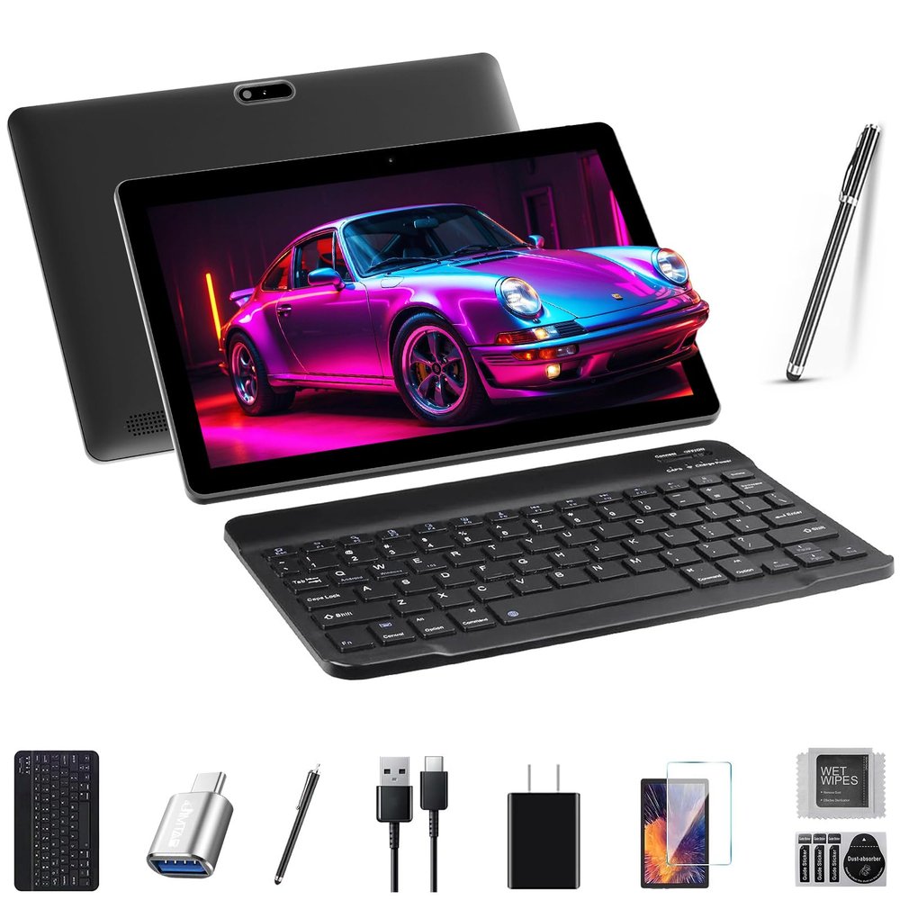 JIMTAB Android 13 Tablets Octa-Core 10 inch 2 in 1 Android Tablet, 4GB+64GB Gaming Tablet with USB Adapter, Keyboard, Stylus, Tempered Film, GPS, WiFi, Bluetooth Tablet