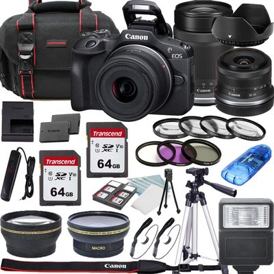 Canon EOS R100 Mirrorless Camera with 18-45mm, 55-210mm Zoom, and 500mm Preset Lenses + Lens Filters + CASE + Accessory Bundle (Renewed)