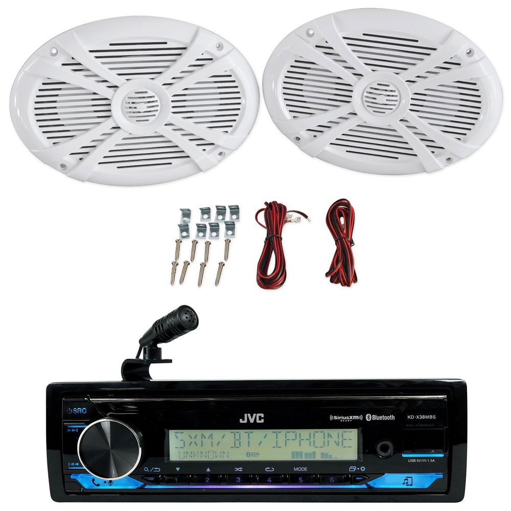 Audiosavings Bundle: JVC KD-X38MBS 1-Din Car/Marine/UTV/Motorcycle Stereo Receiver w/Bluetooth/USB Bundle with Pair Rockville RMSTS69W 6x9 1000w Waterproof Marine Speakers 2-Way White (2 Items)