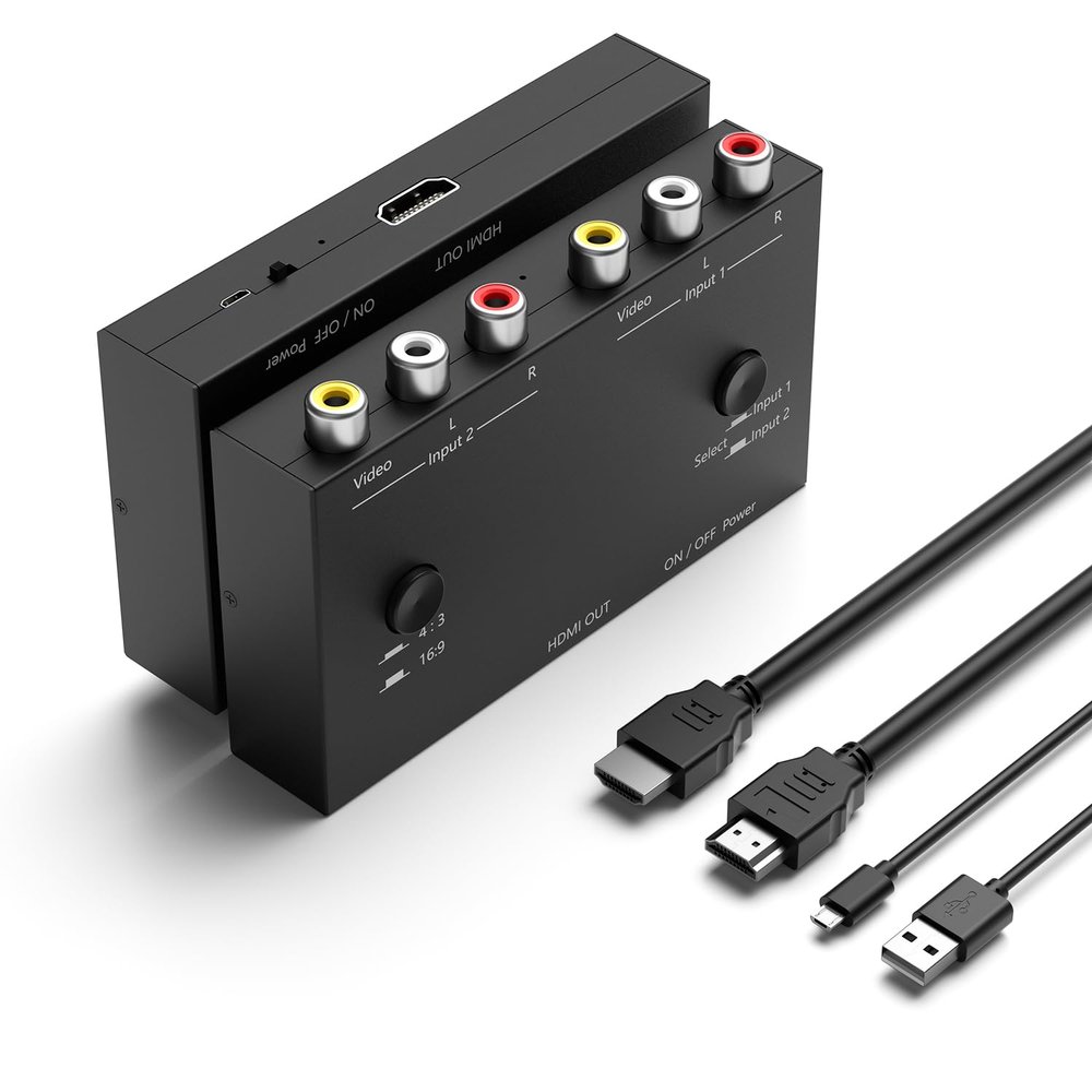 Arector 2 AV to HDMI Converter, 1080P/720P 2 Port RCA Composite CVBS AV Switch to HDMI Converter Adapter Support 4:3/16:9 Switching, for TV PC PS2 PS3 N64 NGC SNES WII VHS VCR Camera DVD-Black