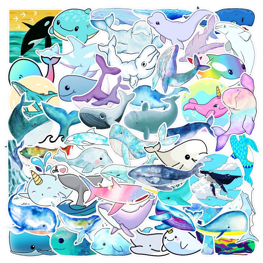 100 PCS Whale Stickers Waterproof PVC Vinyl Animal Decorative for Water Bottle Stickers Waterproof Vinyl Hydroflask Phone Skateboard Laptop Notebooks Stickers Gift to Friends Famils (Whale)