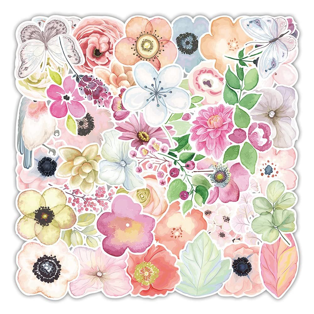 100 PCS Flower Stickers Waterproof PVC Vinyl Animal Decorative for Water Bottle Stickers Waterproof Vinyl Hydroflask Phone Skateboard Laptop Notebooks Stickers Gift to Friends Famils (Flower)