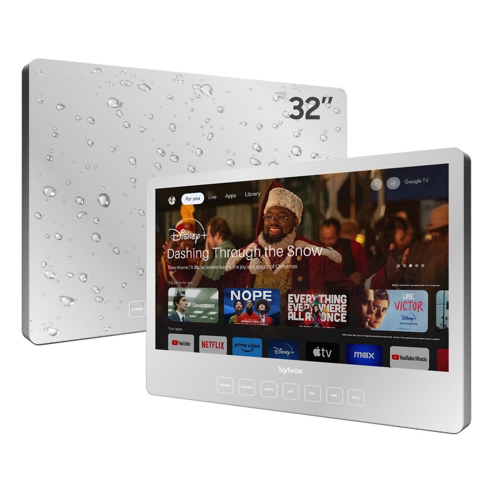 SYLVOX Bathroom TV, 32 inch Smart Mirror TV for Bathroom Shower SPA, Support Google, 1080P IP66 Waterproof Touch Button WiFi Bluetooth Google Assistant, Smart TVs for Indoor Humid Environment