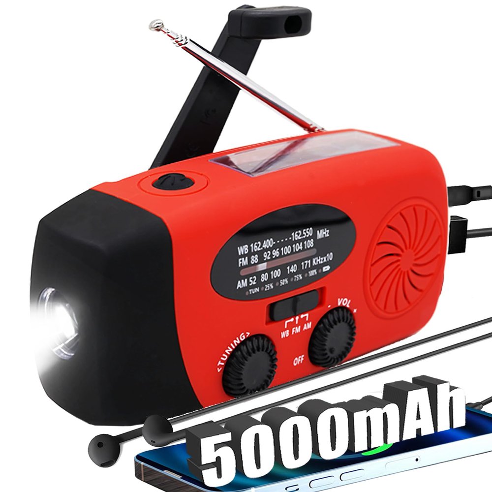 2024 Upgrade 5000mah Alertsync NOAA Weather Emergency Radio with Solar Charging, AM FM Hand Crank Windup Radio SOS Alarm LED Flashlight with Earphone Jack for Home, Camping, Survival Hurricane (Red)