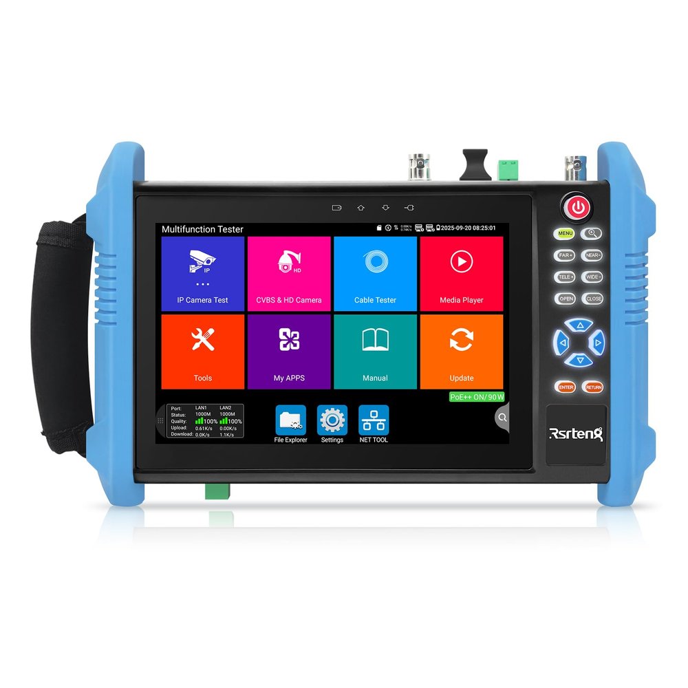 Rsrteng CCTV Tester 8K 32MP 4K 12MP IP Camera Tester with POE++ max 90W, 8MP TVI/CVI/AHD/CVBS CCTV Camera Monitor, 1CH SFP Interface, IPC Test WiFi Cable Tester Network Tools HD I/O VGA Power Output
