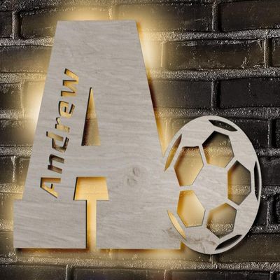 NEID Personalized LED Night Light - Initial Letter Light, Engraved Name, Custom Wooden Wall Light for Family, Friends, Boys, Girls, Kids - Alphabet Bedroom Light, Gift Sport Fan (Soccer)