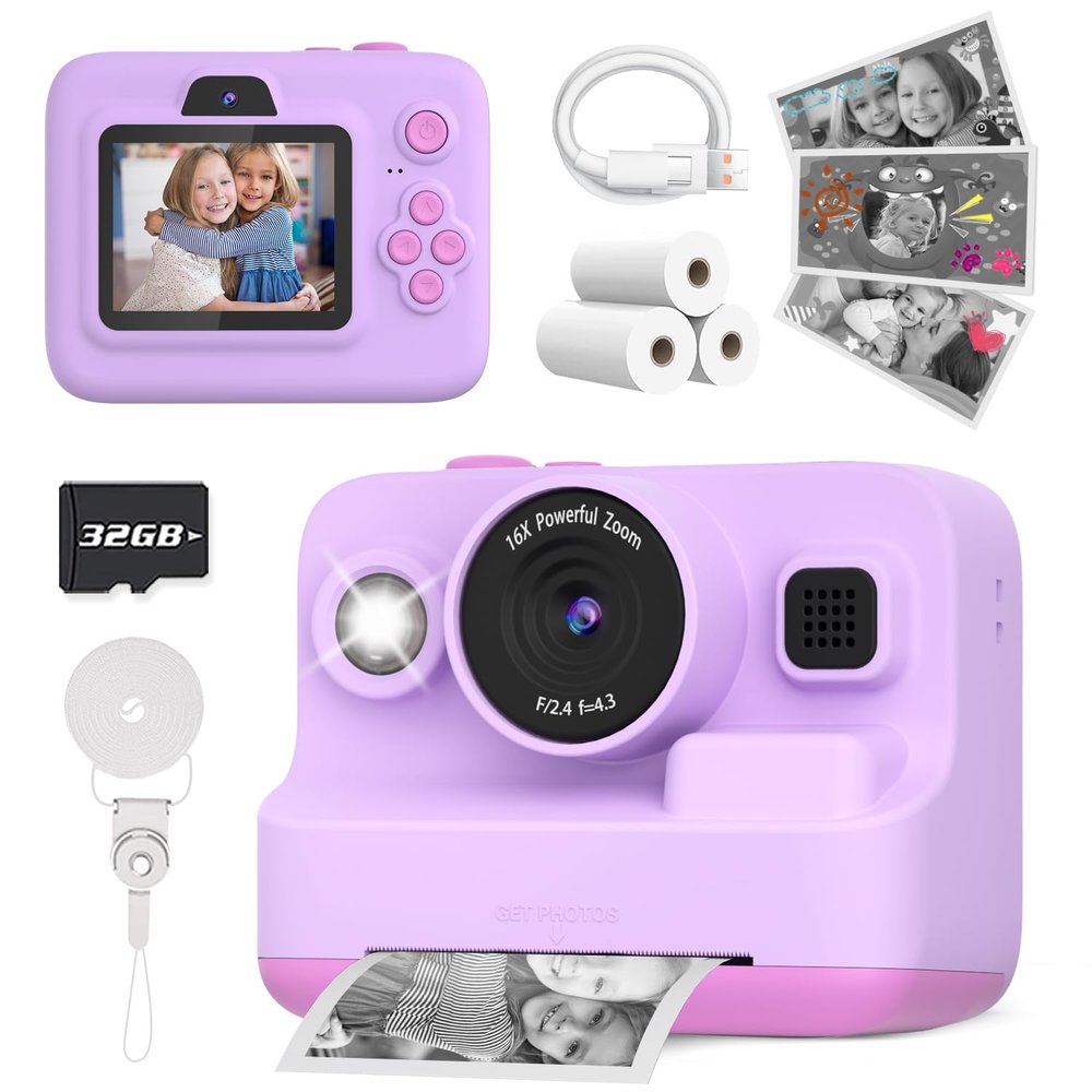 Yehtta Kids Camera Instant Print, Dual-Lens Front Rear Selfie Camera for Kids, Christmas Birthday Gifts Toys for 3-12 Year Old Boys Girls, 2.4in Screen 1080P Kids Digital Cameras with 32G Card