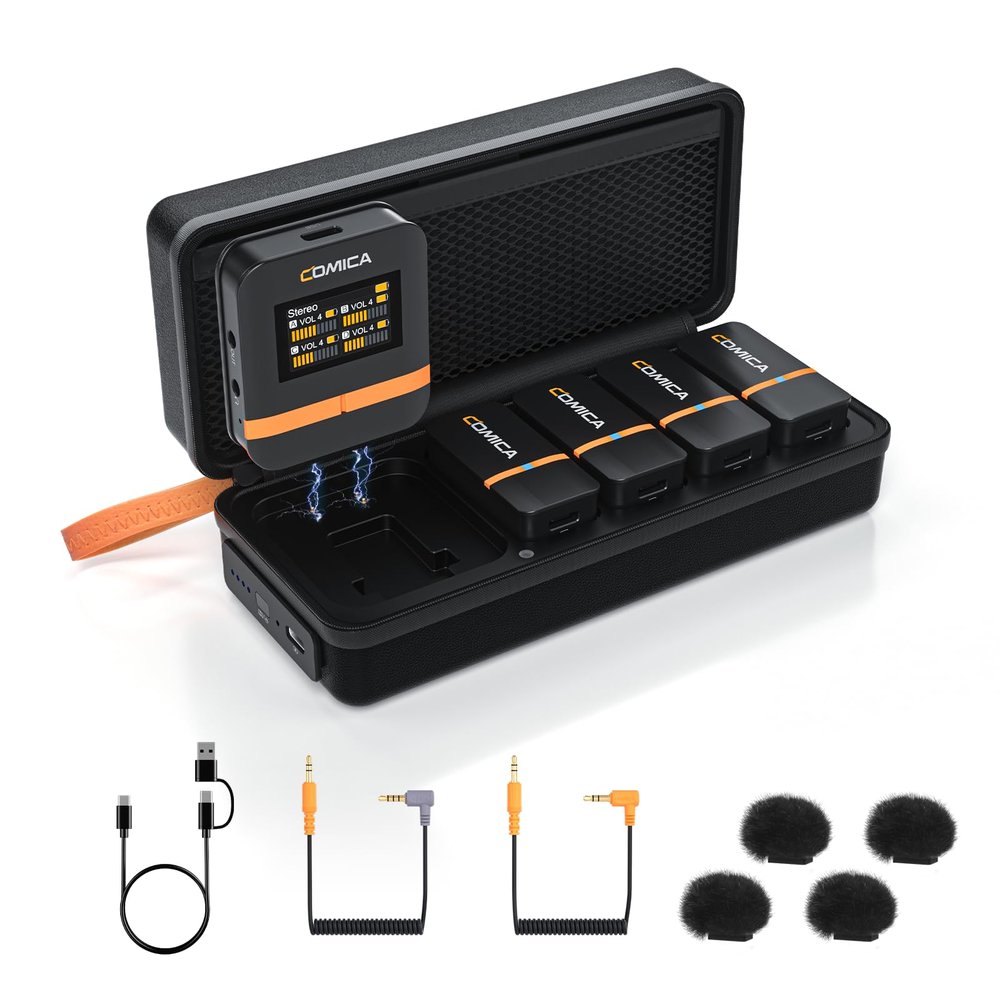 COMICA Vimo Q 4-Channel Wireless Lavalier Microphone with 4 Audio Tracks Output, Noise Reduction, 656ft Range, Lapel Microphone Wireless for iPhone, Camera, Android, Podcast/Livestream/Video Recording