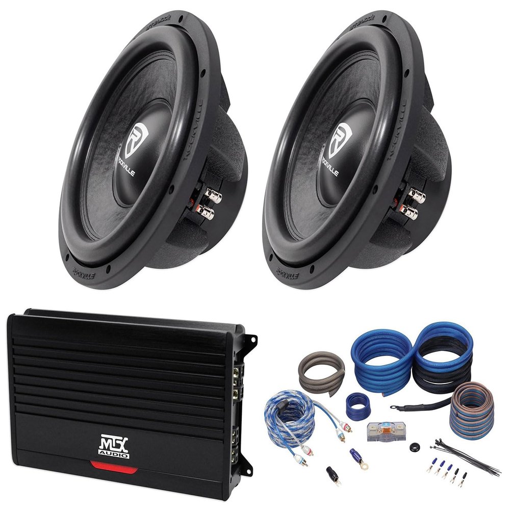Rockville (2) W12K6D4 V2 12" 2400w Peak Car Audio Subwoofer Bundle with (1) RWK4CU Amp Installation Wire Kit OFC + (1) MTX THUNDER1000.1 1000 Watt RMS Mono Class D 1-Ohm Amplifier (4 Items)