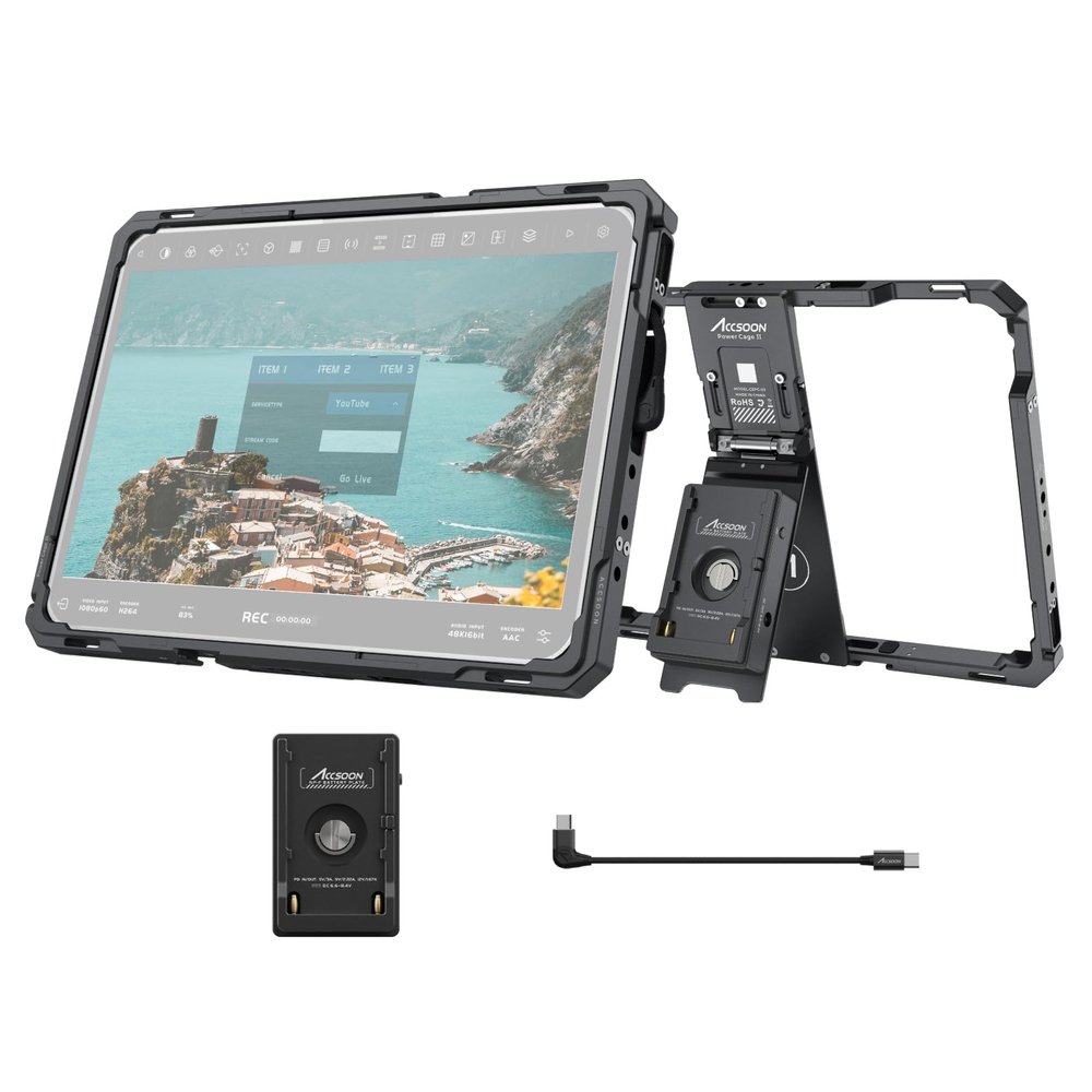 Accsoon PowerCage Pro II iPad Cage for iPad Pro 13-inch M4, M5 & Air M2, M3 & 12.9-inch Gen 3,4,5,6 Tablet Cage iPads Case with NP-F Battery Plate Adapter, Use with SeeMo 4K/CineView for Monitoring