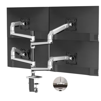 Ergounion Quad Monitor Mount, Holds Screens up to 40 Inches and 25 lbs, Fully Adjustable 4 Monitor Mount with C-Clamp and Grommet Base, Aluminum, Silver