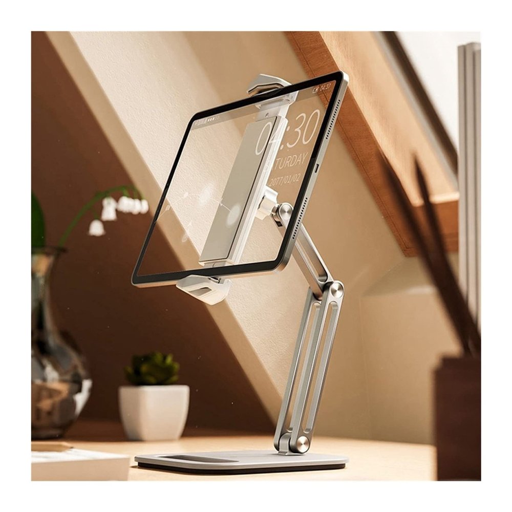 WAOCEO Tablet Holder Universal Tablet Stand, Adjustable Folding Holder Aluminum Alloy Arm Ergonomic 360 Degree Rotatable for 4-13 Inch Tablet and Phone Tablet Stand (Color : Silver)