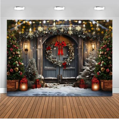 Mocsicka Christmas Gate Backdrop for Photography Christmas Tree Glitter Rustic House Gate Wonderland Snow Scene Xmas Party Decorations Background (10x8ft)