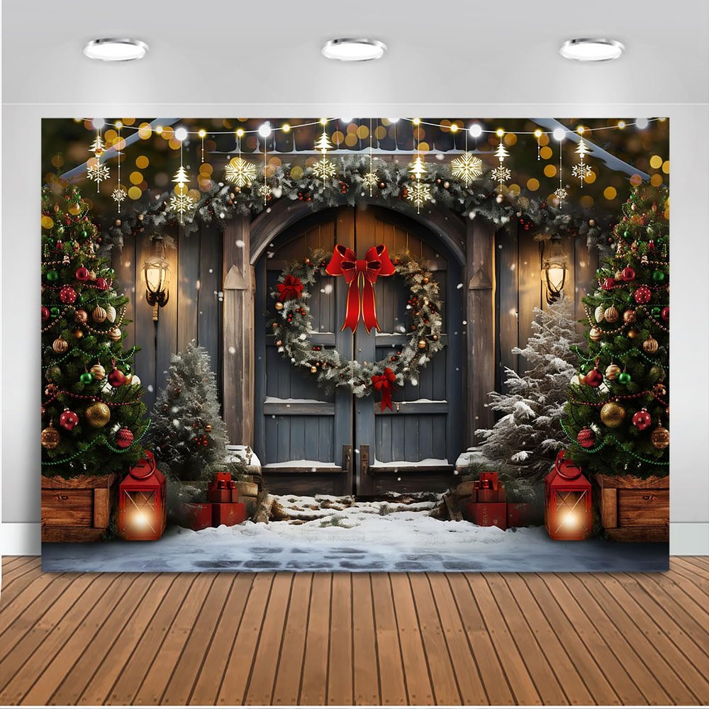 Mocsicka Christmas Gate Backdrop for Photography Christmas Tree Glitter Rustic House Gate Wonderland Snow Scene Xmas Party Decorations Background (10x8ft)