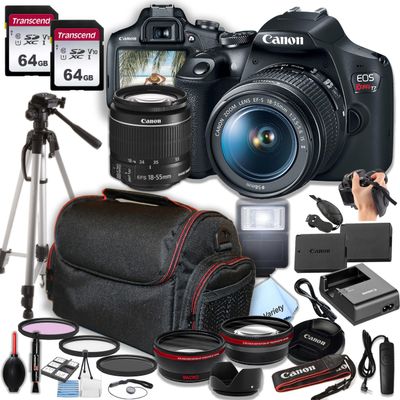 Canon EOS Rebel T7 DSLR Camera with 18-55mm Lens Bundle, 2X 64GB Memory Cards, Case, Tripod, Filter Kit, Remote Shutter, Wide Angle, and Telephoto Auxiliary Lenses - Photography Kit (Renewed)
