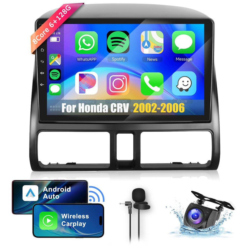 8Core 6+128G Car Stereo for Honda CRV 2002-2006 Wireless Carplay Android Auto,9" IPS Touch Screen Radio, Android/GPS/WiFi/32EQ DSP/Bluetooth5.0/SWC+Backup Camera for Honda CRV Radio