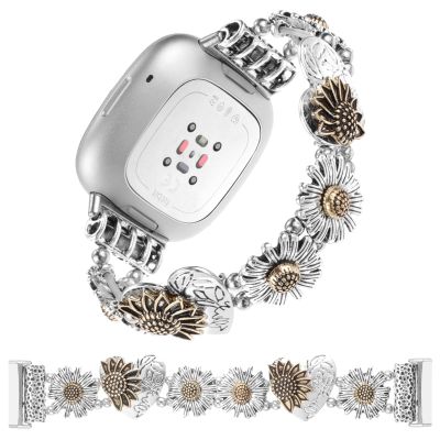 Stretchy Metal Bracelet Bands Compatible with Fitbit Versa/Sense, Women Fancy Elastic Sunflower Heart Dressy Stainless Replacement Wristband Strap (Medium, Silver Gold Flower)
