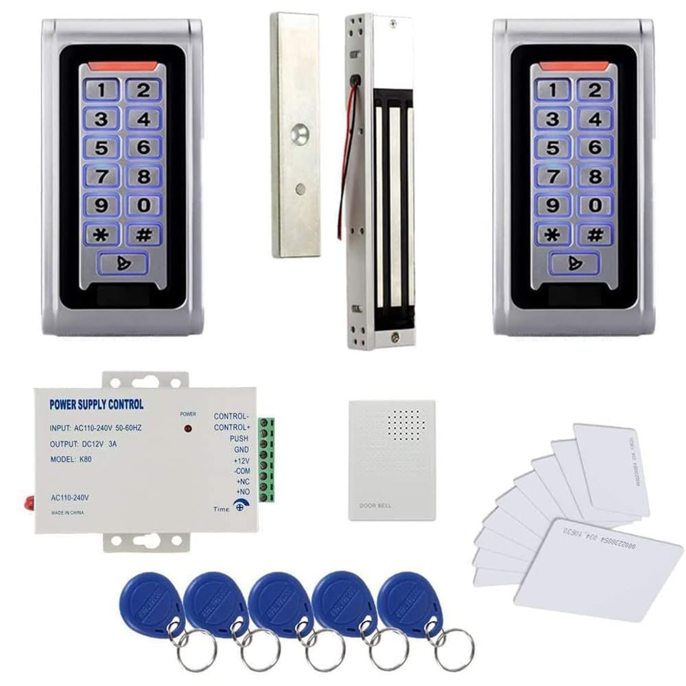 MENGQI-CONTROL Waterproof Metal RFID+PIN Code Door Entry and Exit verification System & 600lbs Electric Magnetic Lock+110V Power Supply+RFID Keychains/Cards