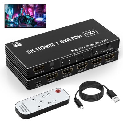 8K HDMI Switcher 5 in 1 Out, HDMI Splitter with IR Remote Switcher Selector Box Support 8K@60Hz 4K@120Hz, HDMI 2.1 Switch Compatible with PS 5/4/3 Xbox Switch Roku TV Fire Stick