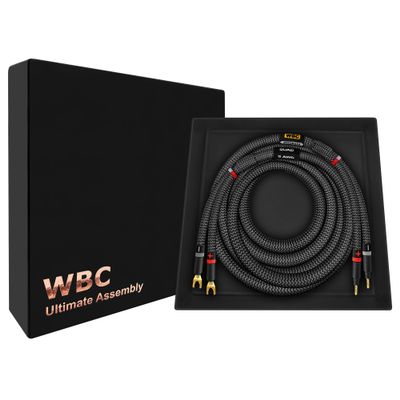 WORLDS BEST CABLES 6 Foot Ultimate - 9 AWG - Ultra-Pure OFC - Premium Audiophile HiFi Speaker Cable for Center Channel with Eminence Gold Banana (x2) & Spade (x2) Plugs & Carbon Tweed Jacket