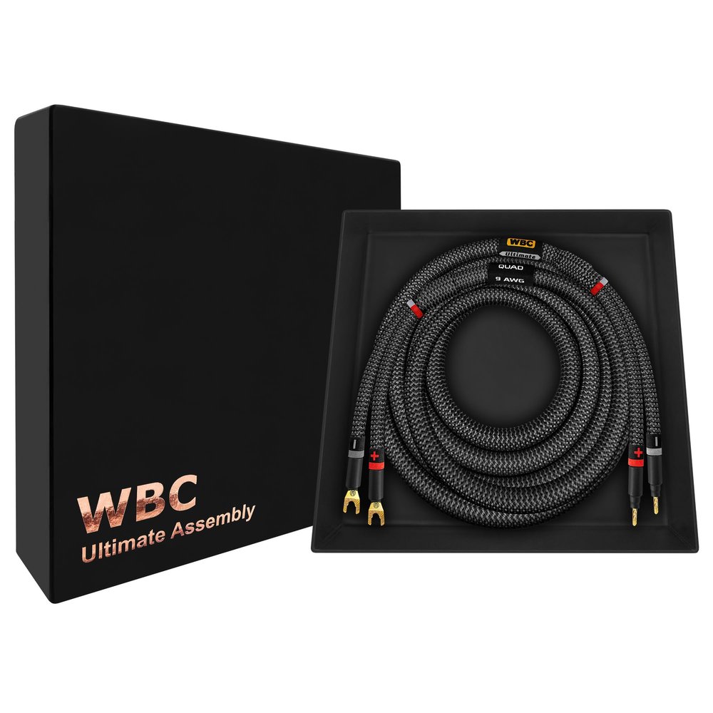 WORLDS BEST CABLES 6 Foot Ultimate - 9 AWG - Ultra-Pure OFC - Premium Audiophile HiFi Speaker Cable for Center Channel with Eminence Gold Banana (x2) & Spade (x2) Plugs & Carbon Tweed Jacket