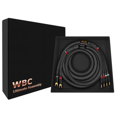 WORLDS BEST CABLES 6 Foot Ultimate - 9 AWG - Ultra-Pure OFC - Premium Audiophile HiFi Bi-Wire Speaker Cable for Center Channel - Eminence Gold Spade (x2) & Banana (x4) Plugs & Carbon Tweed Jacket