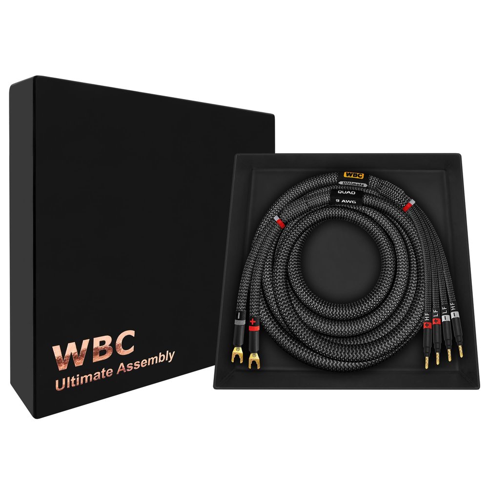WORLDS BEST CABLES 6 Foot Ultimate - 9 AWG - Ultra-Pure OFC - Premium Audiophile HiFi Bi-Wire Speaker Cable for Center Channel - Eminence Gold Spade (x2) & Banana (x4) Plugs & Carbon Tweed Jacket