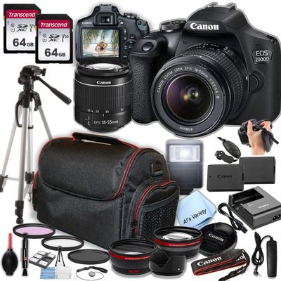 Canon EOS 2000D (Rebel T7) DSLR Camera with 18-55mm Lens Bundle, 2X 64GB Memory Cards, Case, Tripod, Filter Kit, Remote Shutter, Wide Angle, and Telephoto Auxiliary Lenses - Photography Kit (Renewed)