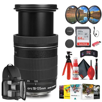 Canon EF-S 18-135mm f/3.5-5.6 is Lens with 64GB Extreme Pro Card + Corel Photo Software + Flexible Tripod + Filter kit + Card Wallet + Backpack + Cleaning Kit + Card Reader + Cap Keeper (Renewed)