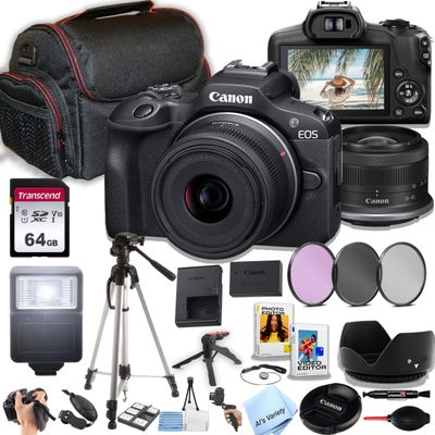 Canon EOS R100 Mirrorless Camera with 18-45mm Lens + 64GB Memory, Filters,Case, Tripod, Flash, and More (34pc Bundle) (Renewed)