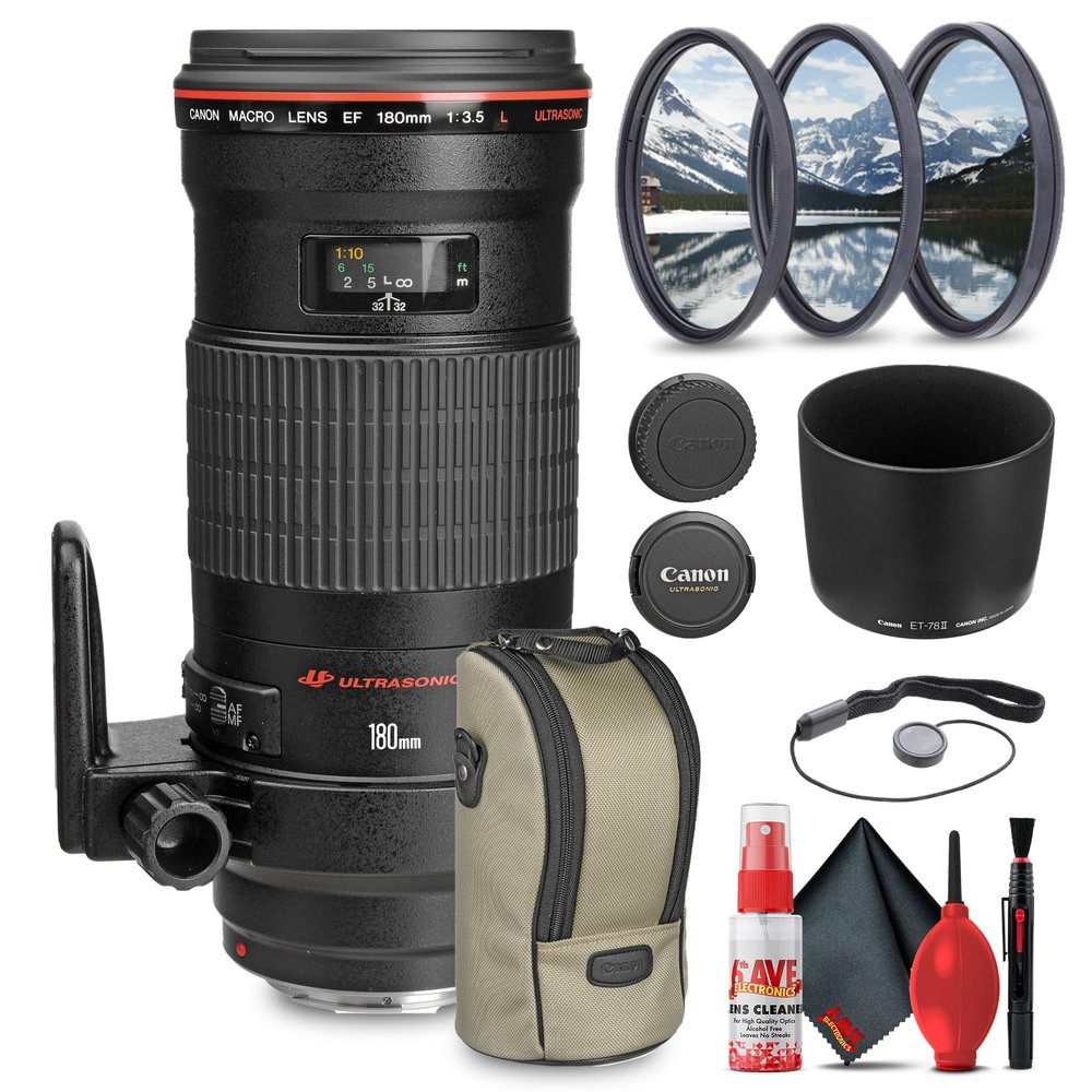 Canon EF 180mm f/3.5L Macro USM Lens +3 Piece Filter kit + Cleaning Kit + Lens Cap Keeper (Renewed)
