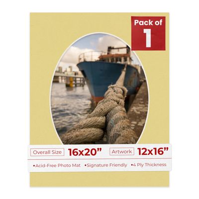 16x20 Mat Bevel Cut for 12x16 Photos - Precut Soft Yellow Oval Shaped Photo Mat Board Opening - Acid Free Matte to Protect Your Pictures - Bevel Cut for Family Photos, Pack of 1 Matboard Show Kit With