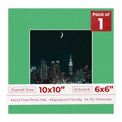 10x10 Mat Bevel Cut for 6x6 Photos - Precut Bright Green Square Shaped Photo Mat Board Opening - Acid Free Matte to Protect Your Pictures - Bevel Cut for Family Photos, Pack of 1 Matboard Show Kit