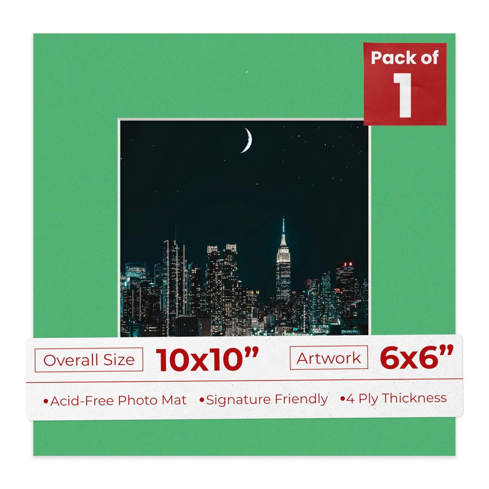 10x10 Mat Bevel Cut for 6x6 Photos - Precut Bright Green Square Shaped Photo Mat Board Opening - Acid Free Matte to Protect Your Pictures - Bevel Cut for Family Photos, Pack of 1 Matboard Show Kit