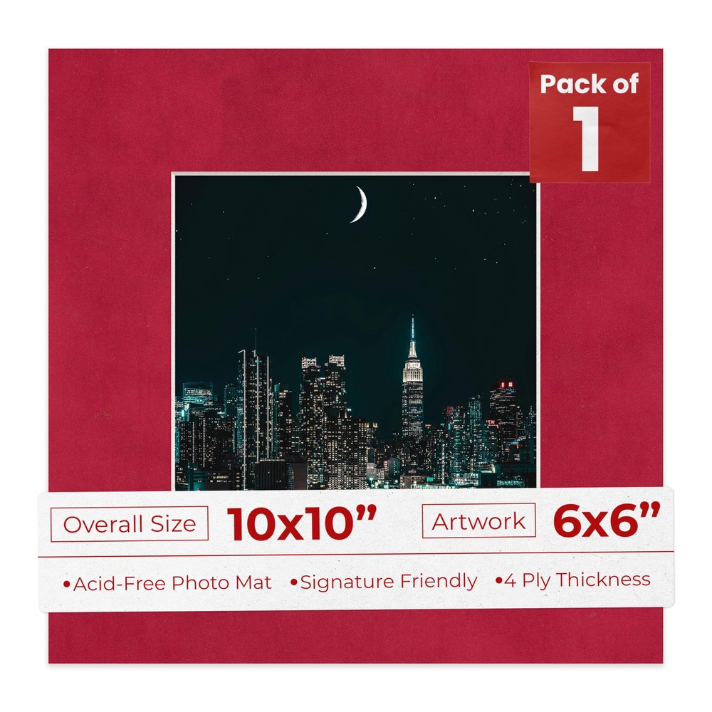 10x10 Mat Bevel Cut for 6x6 Photos - Precut Bright Red Suede Square Shaped Photo Mat Board Opening - Acid Free Matte to Protect Your Pictures - Bevel Cut for Family Photos, Pack of 1 Matboard Show Kit