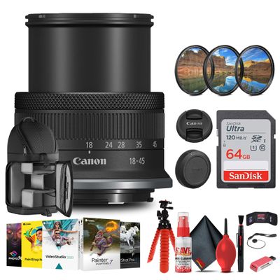 Canon RF-S 18-45mm f/4.5-6.3 is STM Lens with 64GB Extreme Pro Card + Corel Photo Software + Flexible Tripod + Filter kit + Card Wallet + Backpack + Cleaning Kit + Card Reader + Cap Keeper (Renewed)
