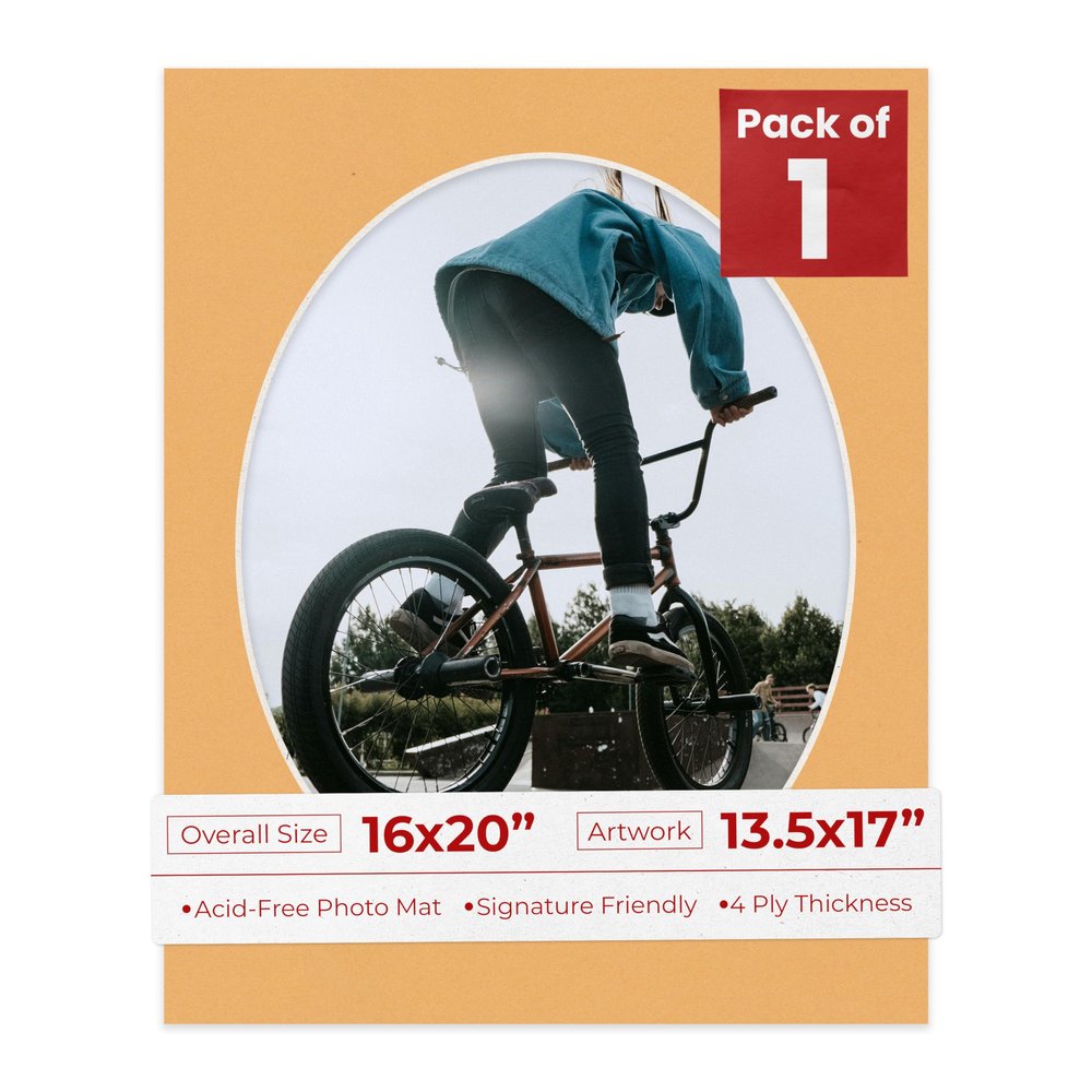 16x20 Mat Bevel Cut for 13.5x17 Photos - Precut Topaz Orange Oval Shaped Photo Mat Board Opening - Acid Free Matte to Protect Your Pictures - Bevel Cut for Family Photos, Pack of 1 Matboard Show Kit
