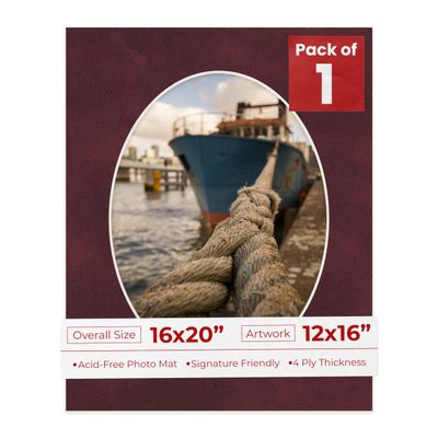 16x20 Mat Bevel Cut for 12x16 Photos - Precut Dark Red Suede Oval Shaped Photo Mat Board Opening - Acid Free Matte to Protect Your Pictures - Bevel Cut for Family Photos, Pack of 1 Matboard Show Kit