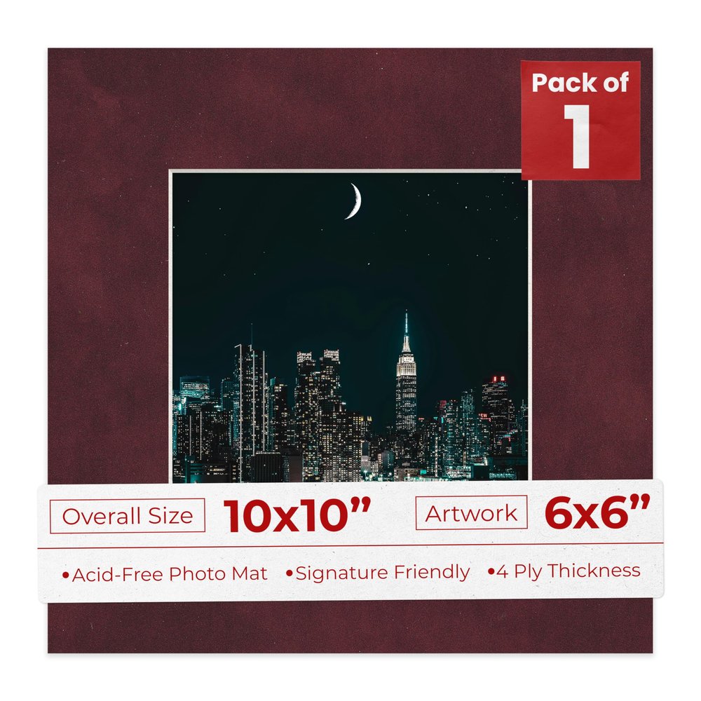 10x10 Mat Bevel Cut for 6x6 Photos - Precut Dark Red Suede Square Shaped Photo Mat Board Opening - Acid Free Matte to Protect Your Pictures - Bevel Cut for Family Photos, Pack of 1 Matboard Show Kit
