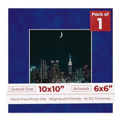 10x10 Mat Bevel Cut for 6x6 Photos - Precut Royal Blue Suede Square Shaped Photo Mat Board Opening - Acid Free Matte to Protect Your Pictures - Bevel Cut for Family Photos, Pack of 1 Matboard Show Kit