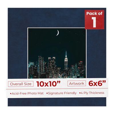 10x10 Mat Bevel Cut for 6x6 Photos - Precut Navy Blue Suede Square Shaped Photo Mat Board Opening - Acid Free Matte to Protect Your Pictures - Bevel Cut for Family Photos, Pack of 1 Matboard Show Kit
