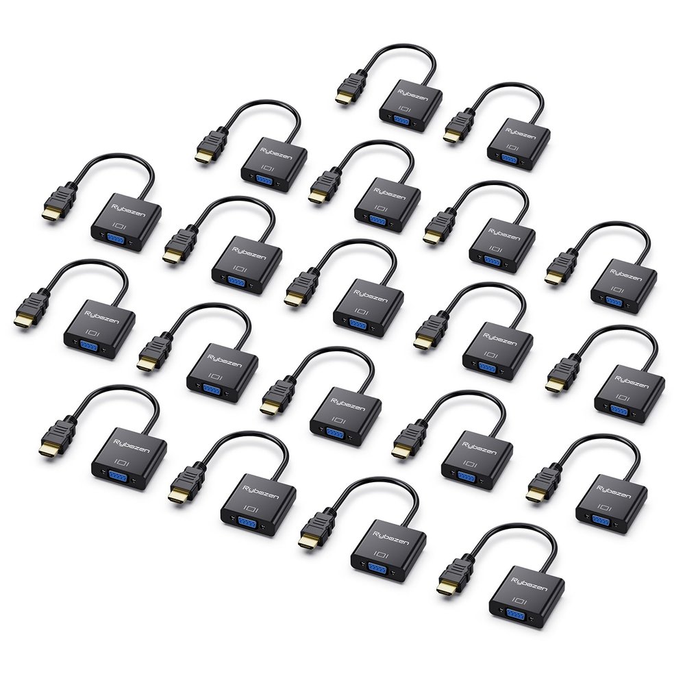 HDMI to VGA Adapter 20 Pack, Gold-Plated HDMI to VGA Converter (Male to Female), Compatible for Computer, Laptop, PC, Monitor, Projector, HDTV, Chromebook, Raspberry Pi, Roku, Xbox and More