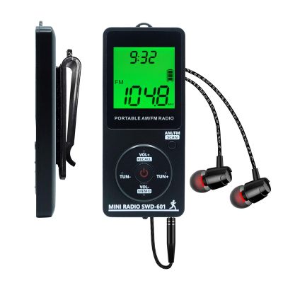 AM/FM Personal Portable Mini Radio with Digital Tuning LCD Display and Backlight Time, SWDSTP Rechargeable Pocket Radio with Earphone and Belt Clip for Walking, Jogging