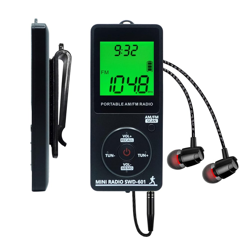 AM/FM Personal Portable Mini Radio with Digital Tuning LCD Display and Backlight Time, SWDSTP Rechargeable Pocket Radio with Earphone and Belt Clip for Walking, Jogging