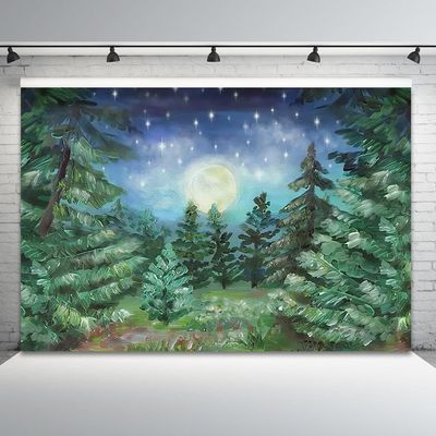 10x8ft Starry Night Forest Backdrop Jungle Night Moonlight Forest Pine Tree Forest Big Moon Photography Background Kids Baby Birthday Baby Shower Party Decor Cake Table Studio Photo Props