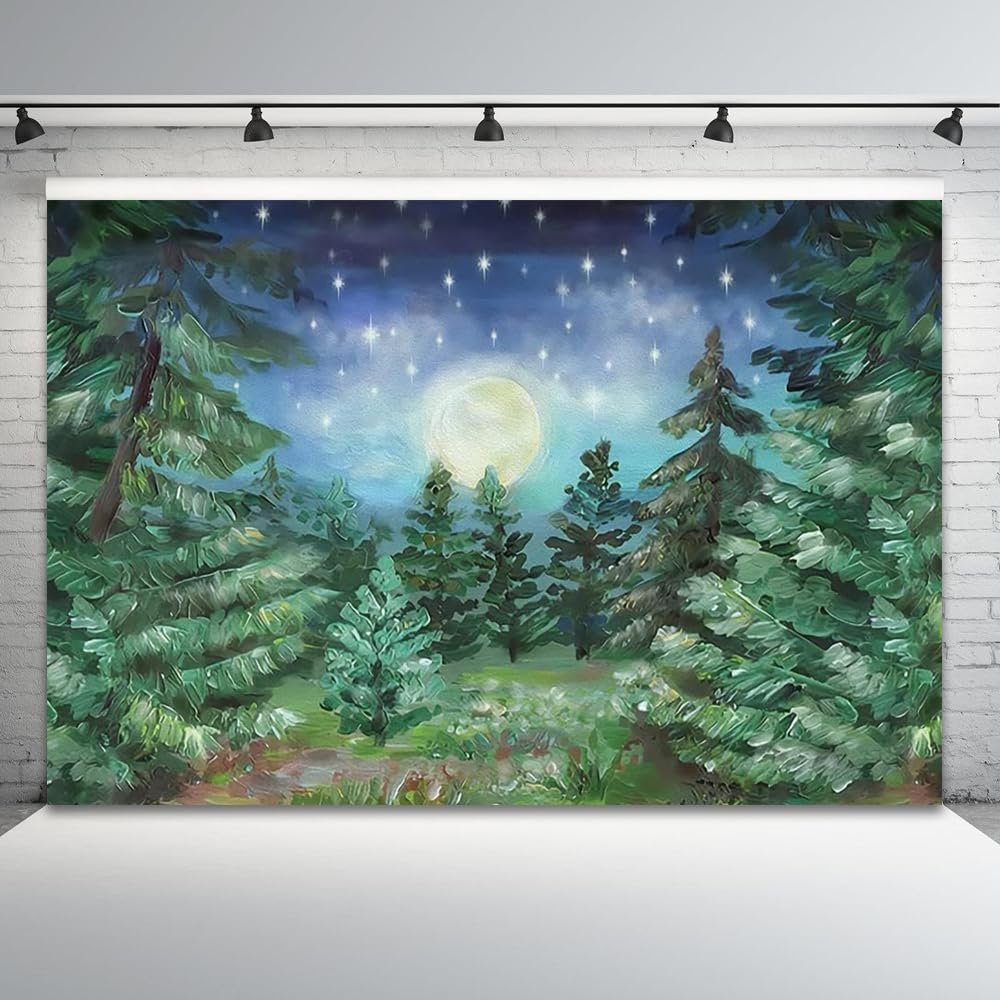 10x8ft Starry Night Forest Backdrop Jungle Night Moonlight Forest Pine Tree Forest Big Moon Photography Background Kids Baby Birthday Baby Shower Party Decor Cake Table Studio Photo Props